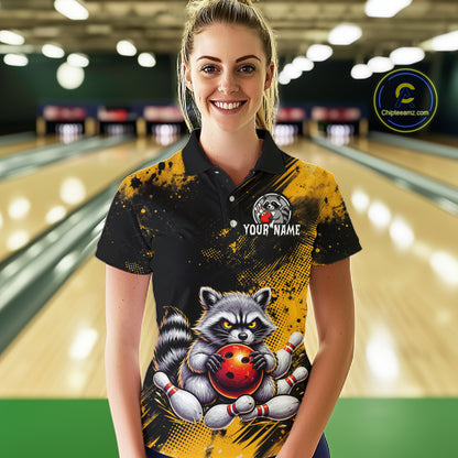Yellow Funny Raccoon Custom Bowling Jersey for Women Bowling Team Shirts Bowling League Polo & 1/4 Zip HNT489
