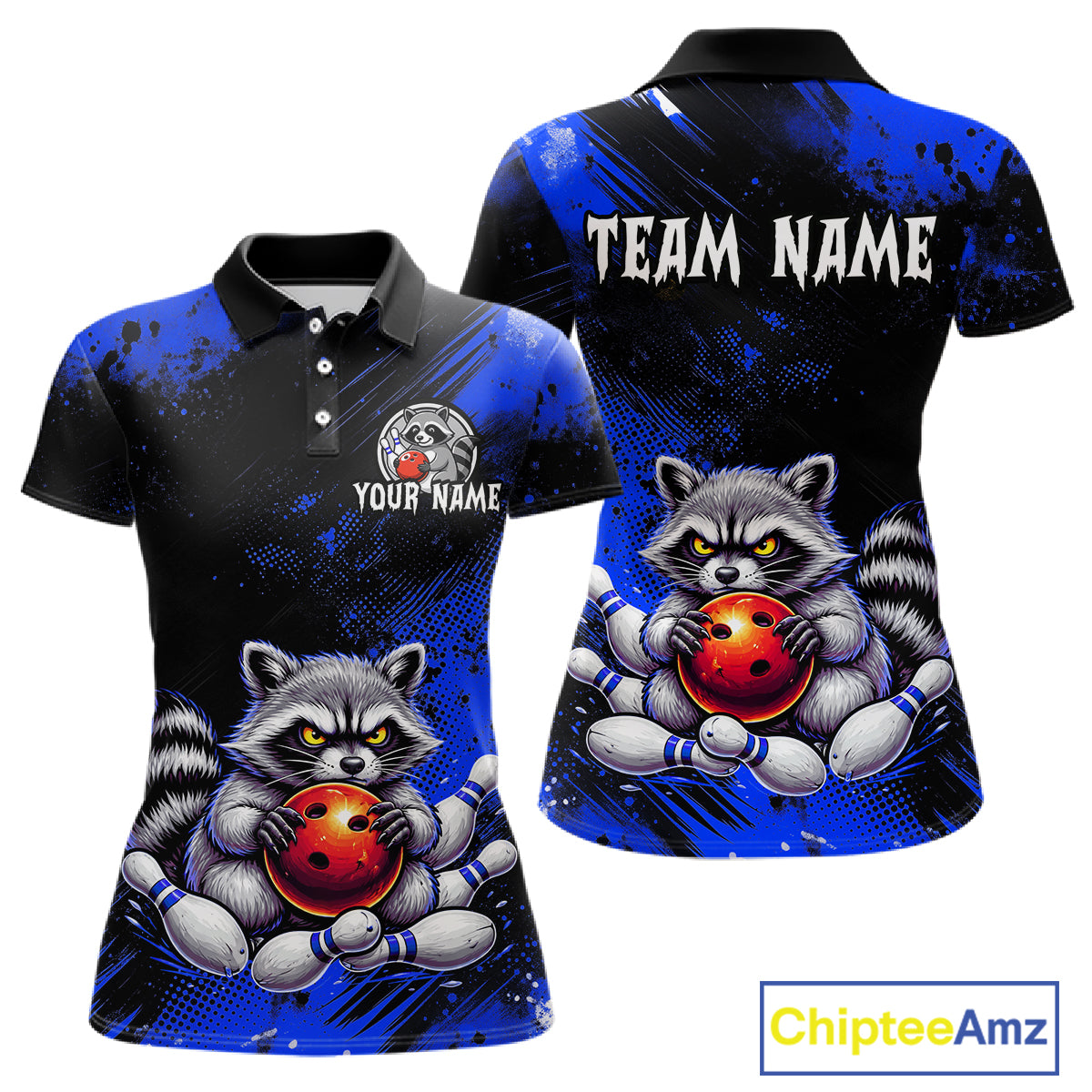 Blue Funny Raccoon Custom Bowling Jersey for Women Bowling Team Shirts Bowling League Polo & 1/4 Zip HNT489