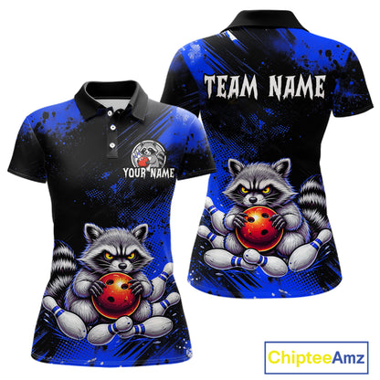 Blue Funny Raccoon Custom Bowling Jersey for Women Bowling Team Shirts Bowling League Polo & 1/4 Zip HNT489