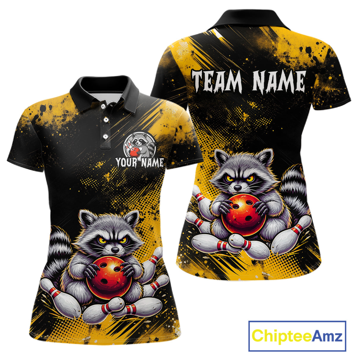Yellow Funny Raccoon Custom Bowling Jersey for Women Bowling Team Shirts Bowling League Polo & 1/4 Zip HNT489