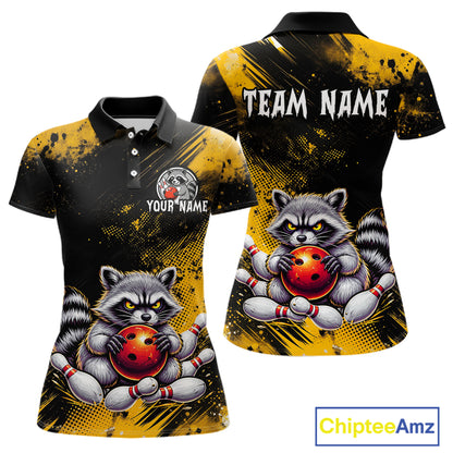 Yellow Funny Raccoon Custom Bowling Jersey for Women Bowling Team Shirts Bowling League Polo & 1/4 Zip HNT489