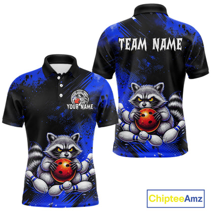 Blue Funny Raccoon Custom Bowling Jersey for Men Bowling Team Shirts Bowling Polo & 1/4 Zip HNT489