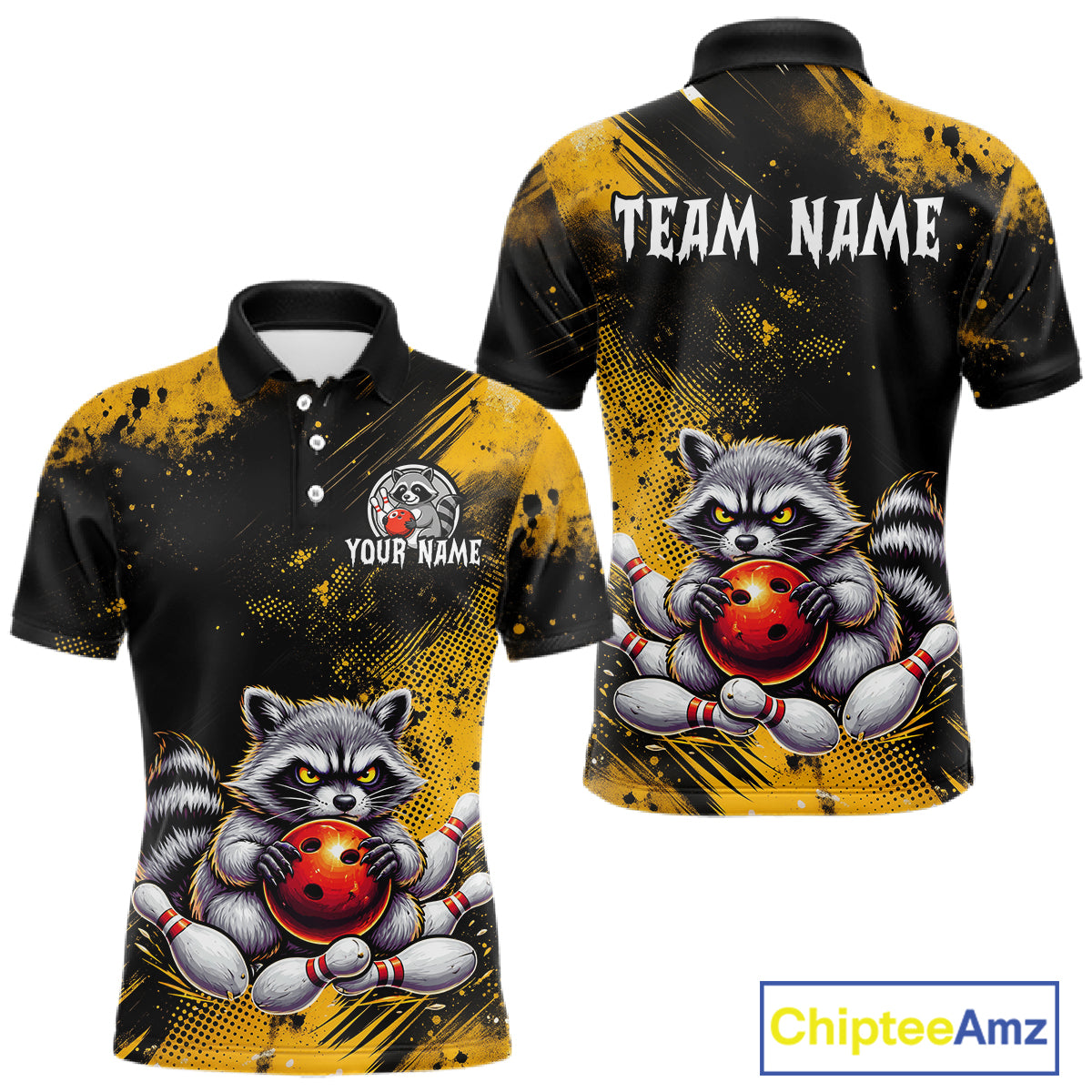 Yellow Funny Raccoon Custom Bowling Jersey for Men Bowling Team Shirts Bowling Polo & 1/4 Zip HNT489