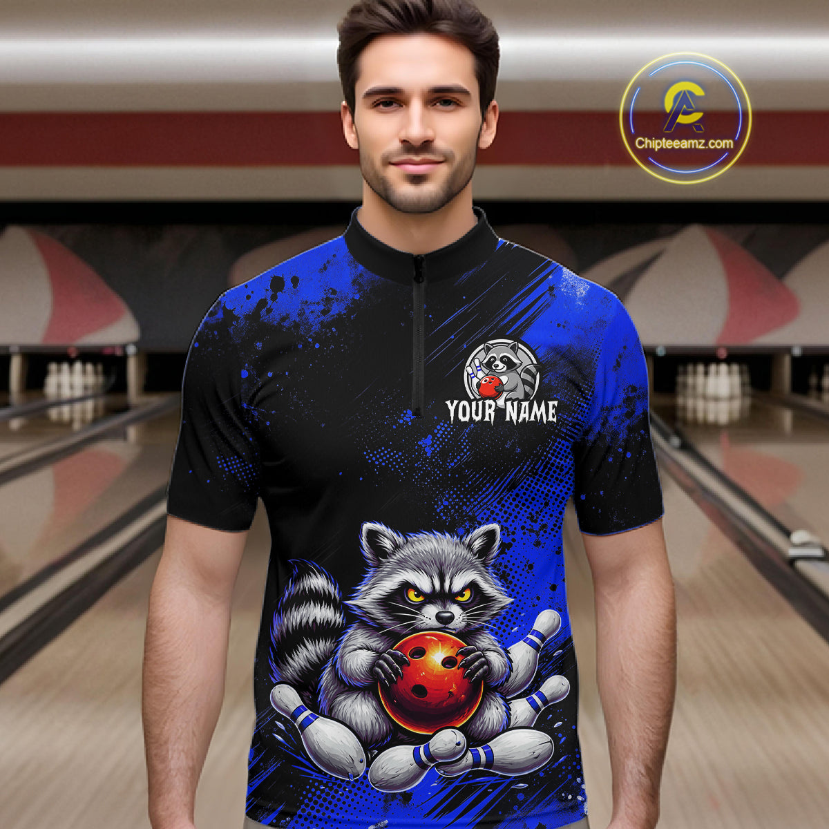 Blue Funny Raccoon Custom Bowling Jersey for Men Bowling Team Shirts Bowling Polo & 1/4 Zip HNT489