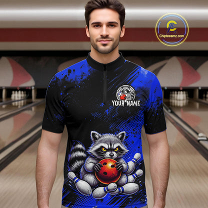 Blue Funny Raccoon Custom Bowling Jersey for Men Bowling Team Shirts Bowling Polo & 1/4 Zip HNT489