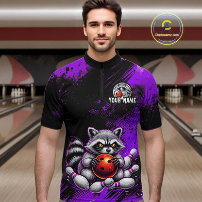 Purple Funny Raccoon Custom Bowling Jersey for Men Bowling Team Shirts Bowling Polo & 1/4 Zip HNT489