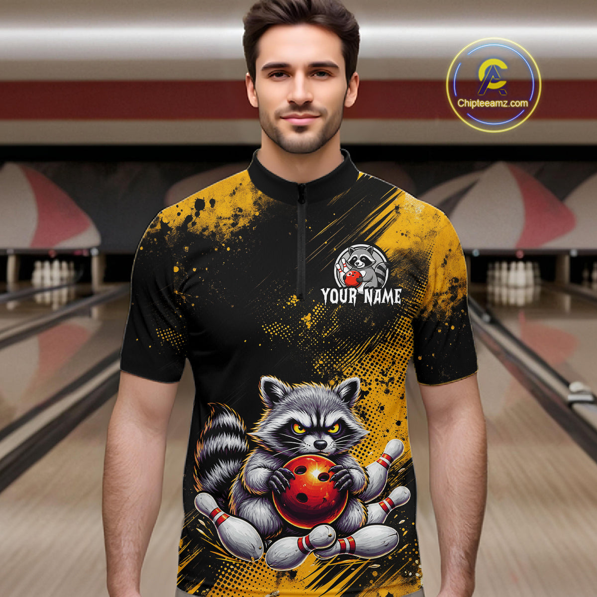 Yellow Funny Raccoon Custom Bowling Jersey for Men Bowling Team Shirts Bowling Polo & 1/4 Zip HNT489
