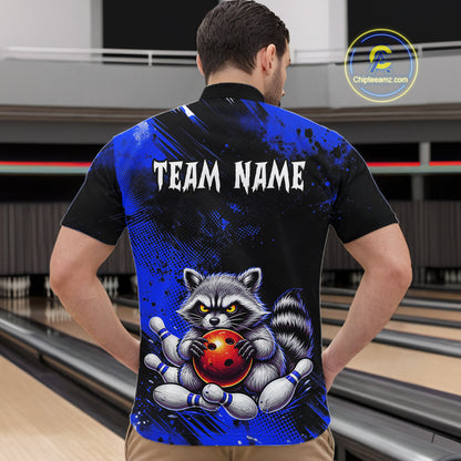 Blue Funny Raccoon Custom Bowling Jersey for Men Bowling Team Shirts Bowling Polo & 1/4 Zip HNT489