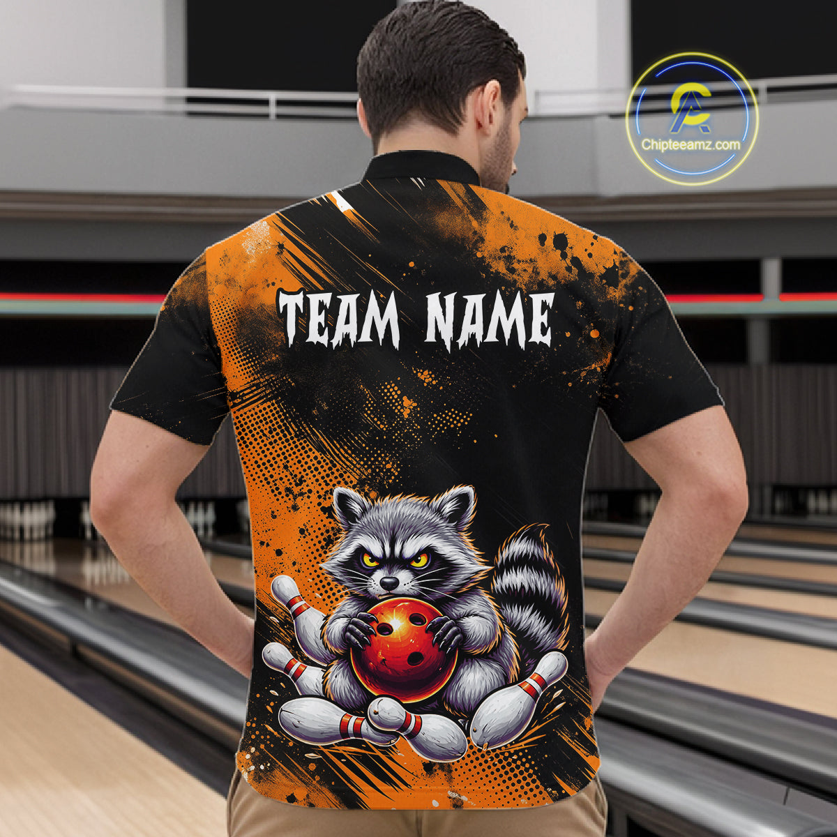 Orange Funny Raccoon Custom Bowling Jersey for Men Bowling Team Shirts Bowling Polo & 1/4 Zip HNT489