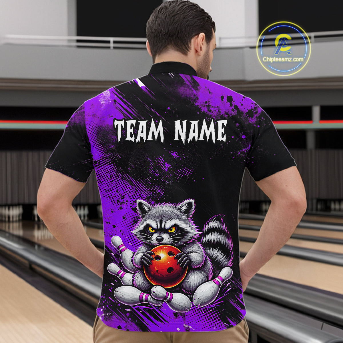 Purple Funny Raccoon Custom Bowling Jersey for Men Bowling Team Shirts Bowling Polo & 1/4 Zip HNT489