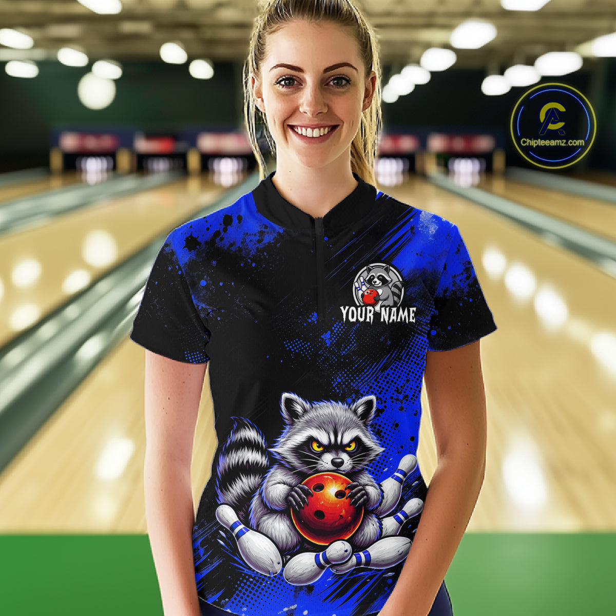 Blue Funny Raccoon Custom Bowling Jersey for Women Bowling Team Shirts Bowling League Polo & 1/4 Zip HNT489