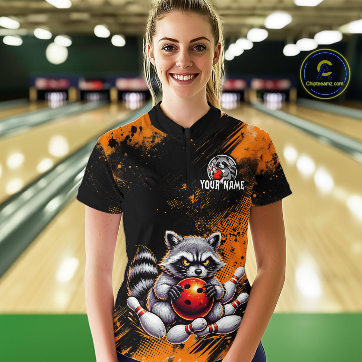 Orange Funny Raccoon Custom Bowling Jersey for Women Bowling Team Shirts Bowling League Polo & 1/4 Zip HNT489