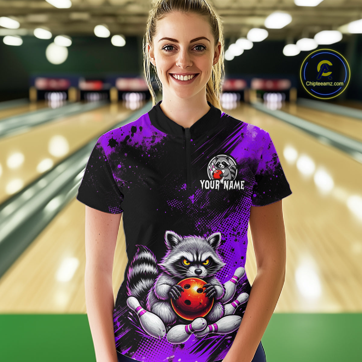 Purple Funny Raccoon Custom Bowling Jersey for Women Bowling Team Shirts Bowling League Polo & 1/4 Zip HNT489
