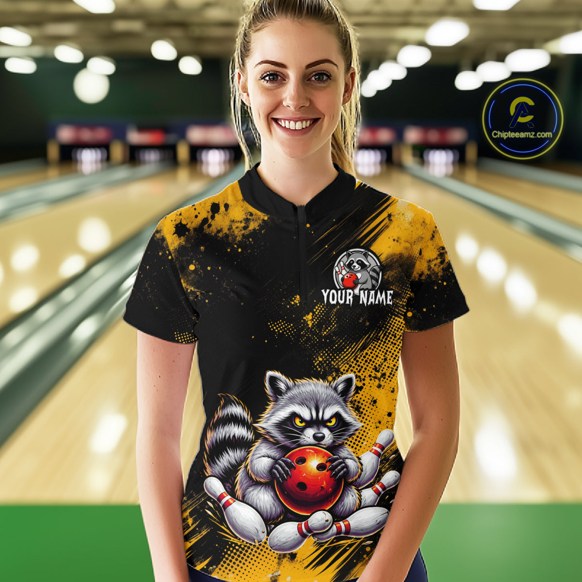 Yellow Funny Raccoon Custom Bowling Jersey for Women Bowling Team Shirts Bowling League Polo & 1/4 Zip HNT489