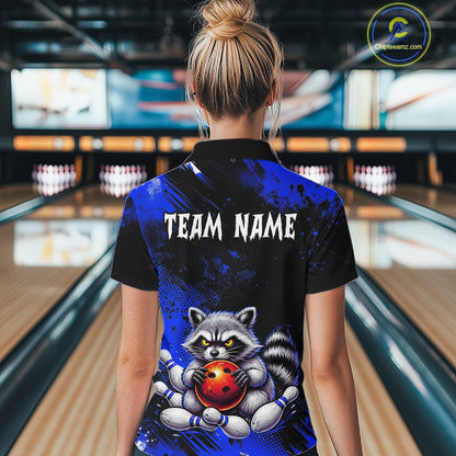 Blue Funny Raccoon Custom Bowling Jersey for Women Bowling Team Shirts Bowling League Polo & 1/4 Zip HNT489