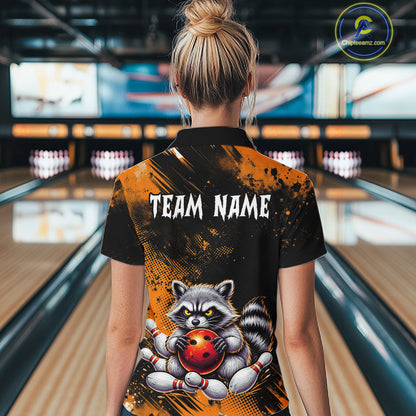 Orange Funny Raccoon Custom Bowling Jersey for Women Bowling Team Shirts Bowling League Polo & 1/4 Zip HNT489