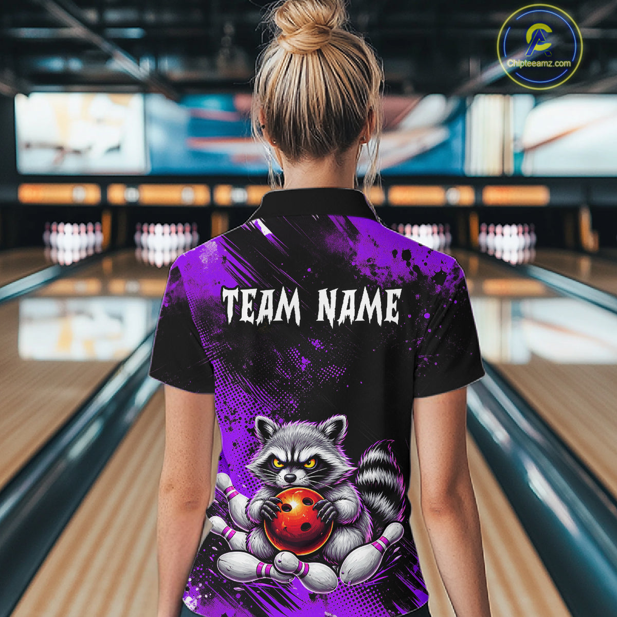 Purple Funny Raccoon Custom Bowling Jersey for Women Bowling Team Shirts Bowling League Polo & 1/4 Zip HNT489