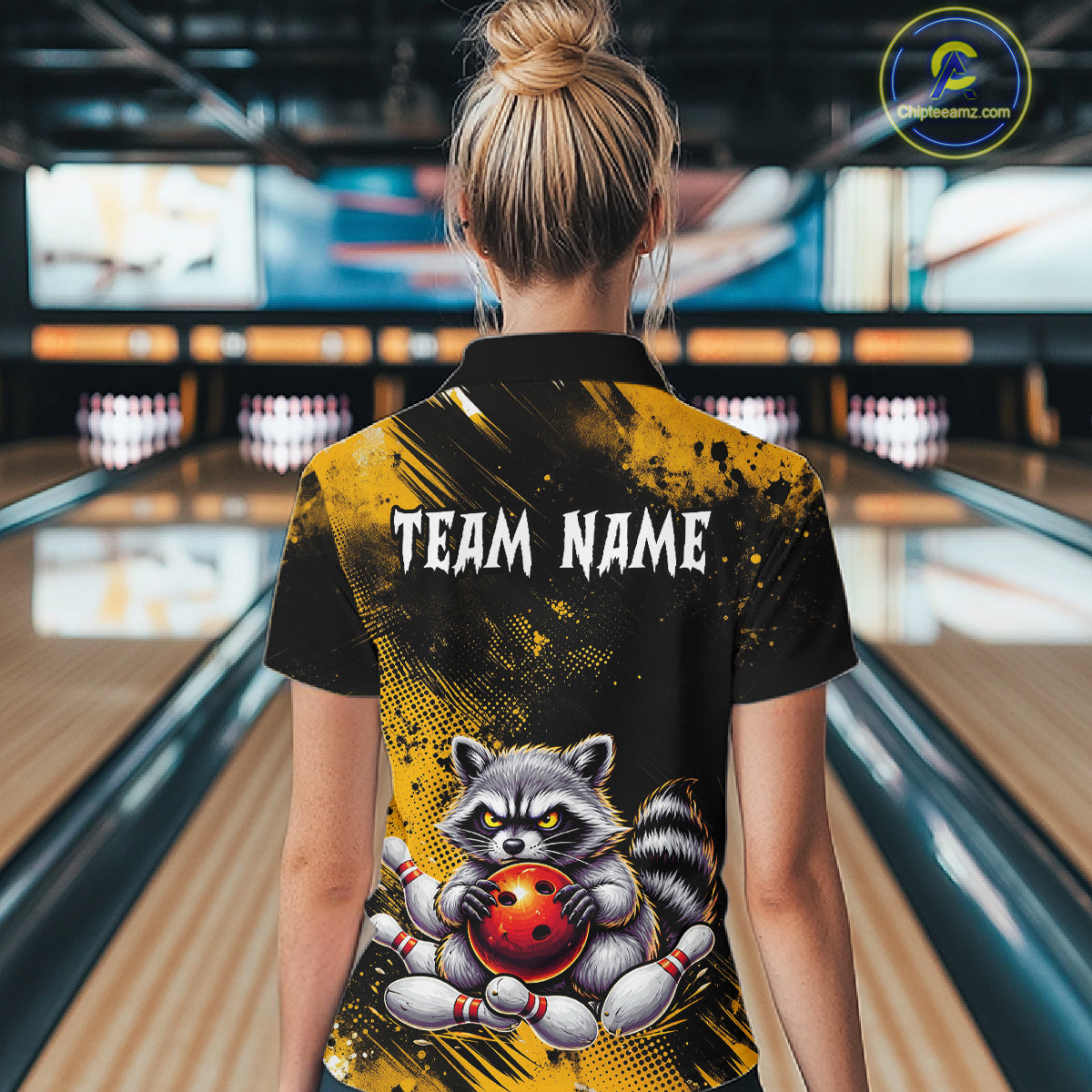 Yellow Funny Raccoon Custom Bowling Jersey for Women Bowling Team Shirts Bowling League Polo & 1/4 Zip HNT489