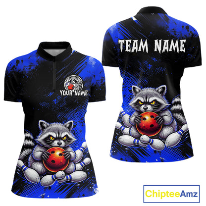Blue Funny Raccoon Custom Bowling Jersey for Women Bowling Team Shirts Bowling League Polo & 1/4 Zip HNT489