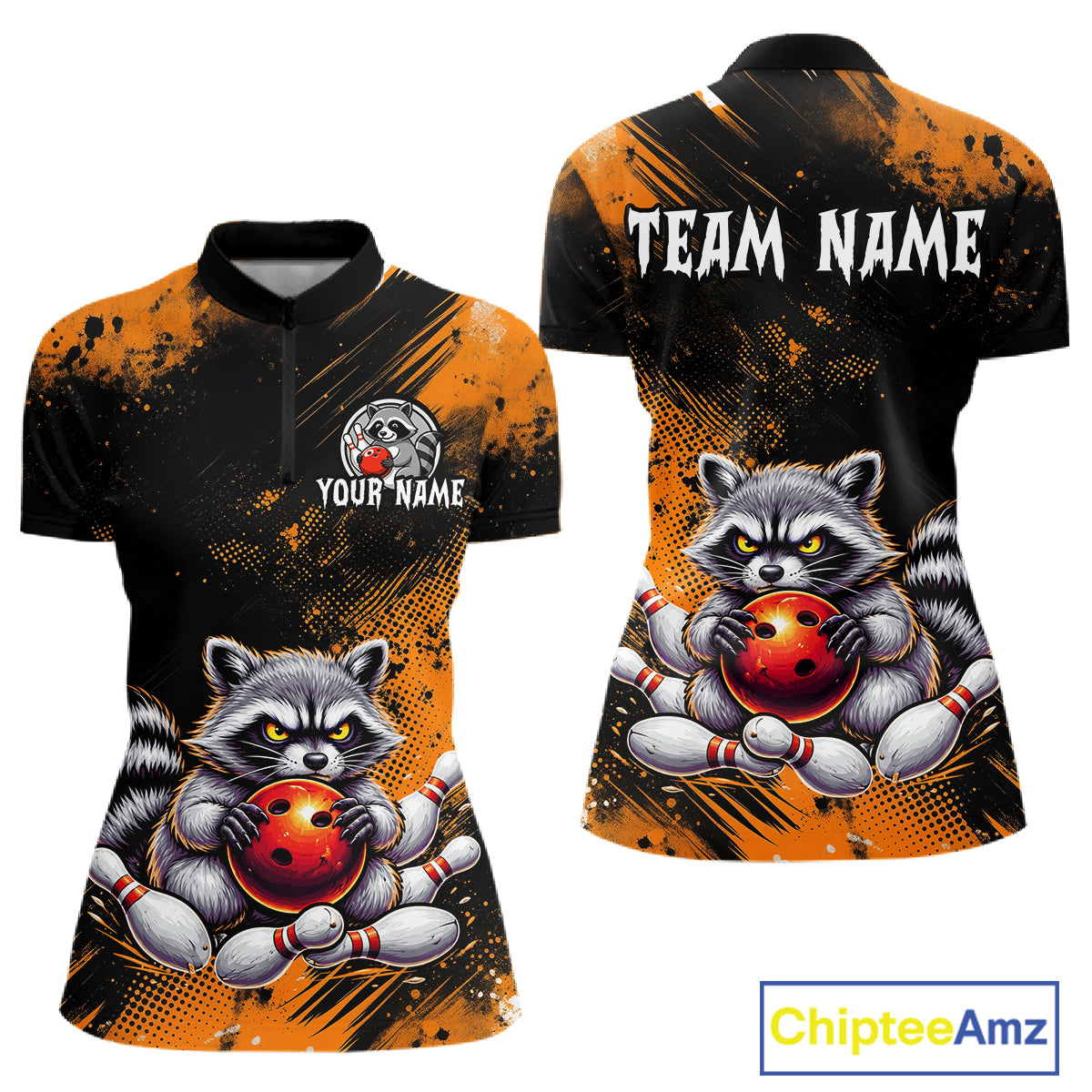 Orange Funny Raccoon Custom Bowling Jersey for Women Bowling Team Shirts Bowling League Polo & 1/4 Zip HNT489