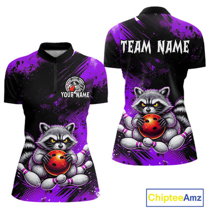 Purple Funny Raccoon Custom Bowling Jersey for Women Bowling Team Shirts Bowling League Polo & 1/4 Zip HNT489