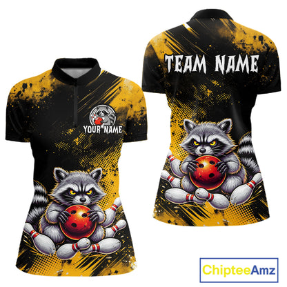 Yellow Funny Raccoon Custom Bowling Jersey for Women Bowling Team Shirts Bowling League Polo & 1/4 Zip HNT489