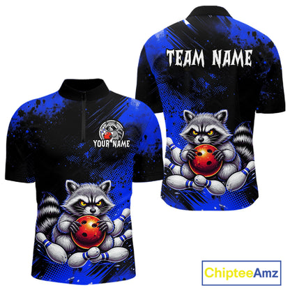 Blue Funny Raccoon Custom Bowling Jersey for Men Bowling Team Shirts Bowling Polo & 1/4 Zip HNT489