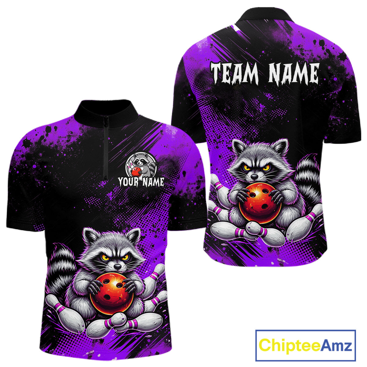 Purple Funny Raccoon Custom Bowling Jersey for Men Bowling Team Shirts Bowling Polo & 1/4 Zip HNT489
