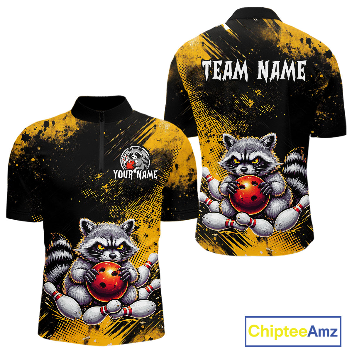 Yellow Funny Raccoon Custom Bowling Jersey for Men Bowling Team Shirts Bowling Polo & 1/4 Zip HNT489