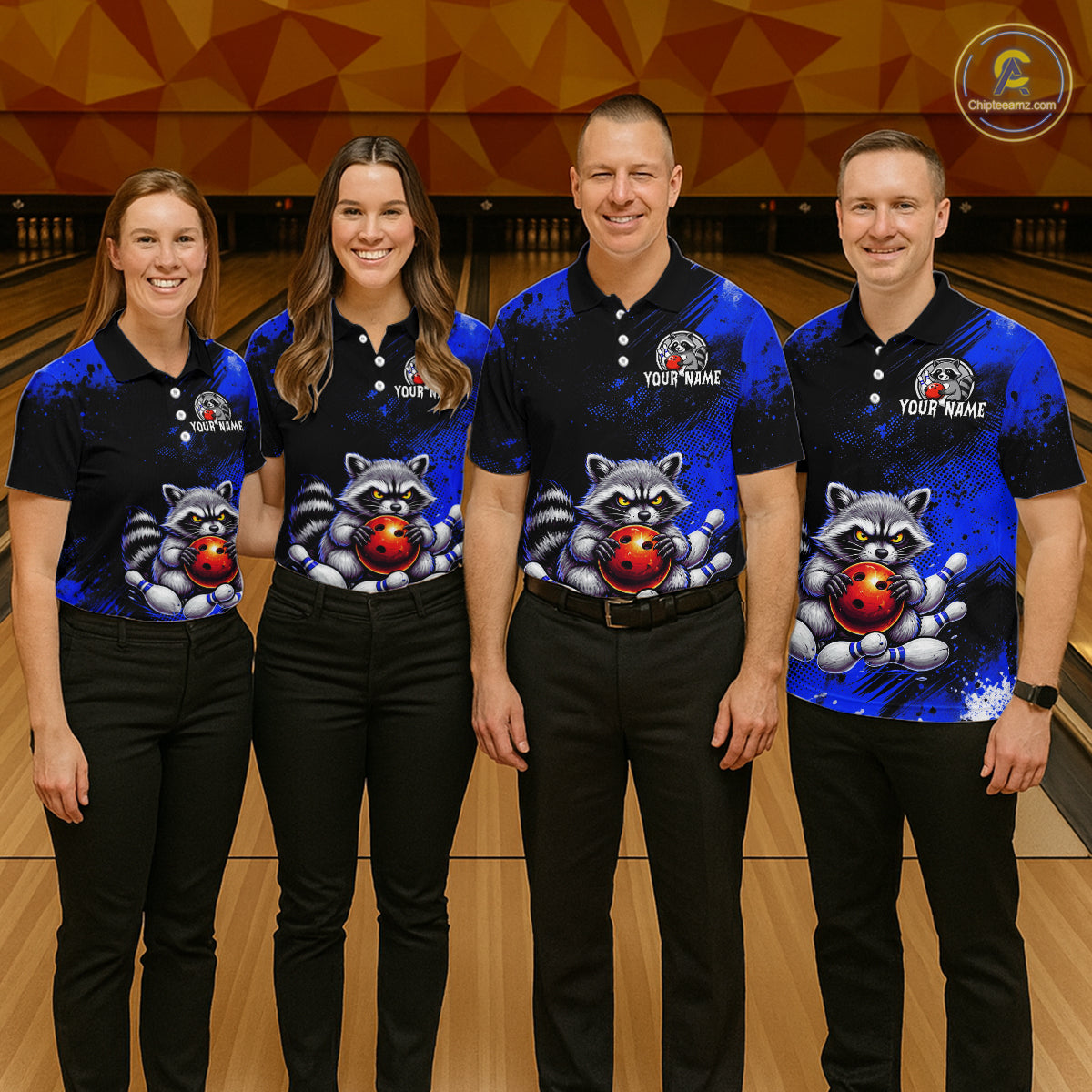 Blue Funny Raccoon Custom Bowling Jersey for Men Bowling Team Shirts Bowling Polo & 1/4 Zip HNT489