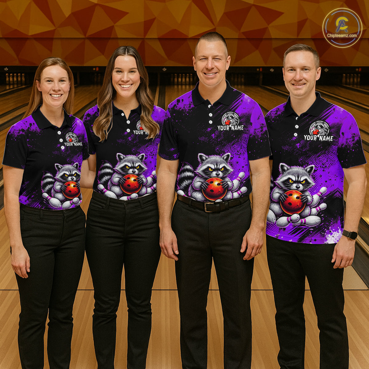 Purple Funny Raccoon Custom Bowling Jersey for Men Bowling Team Shirts Bowling Polo & 1/4 Zip HNT489