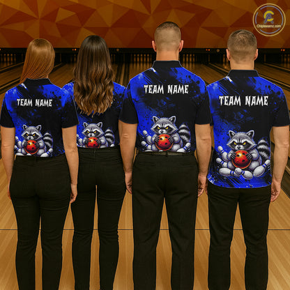 Blue Funny Raccoon Custom Bowling Jersey for Men Bowling Team Shirts Bowling Polo & 1/4 Zip HNT489