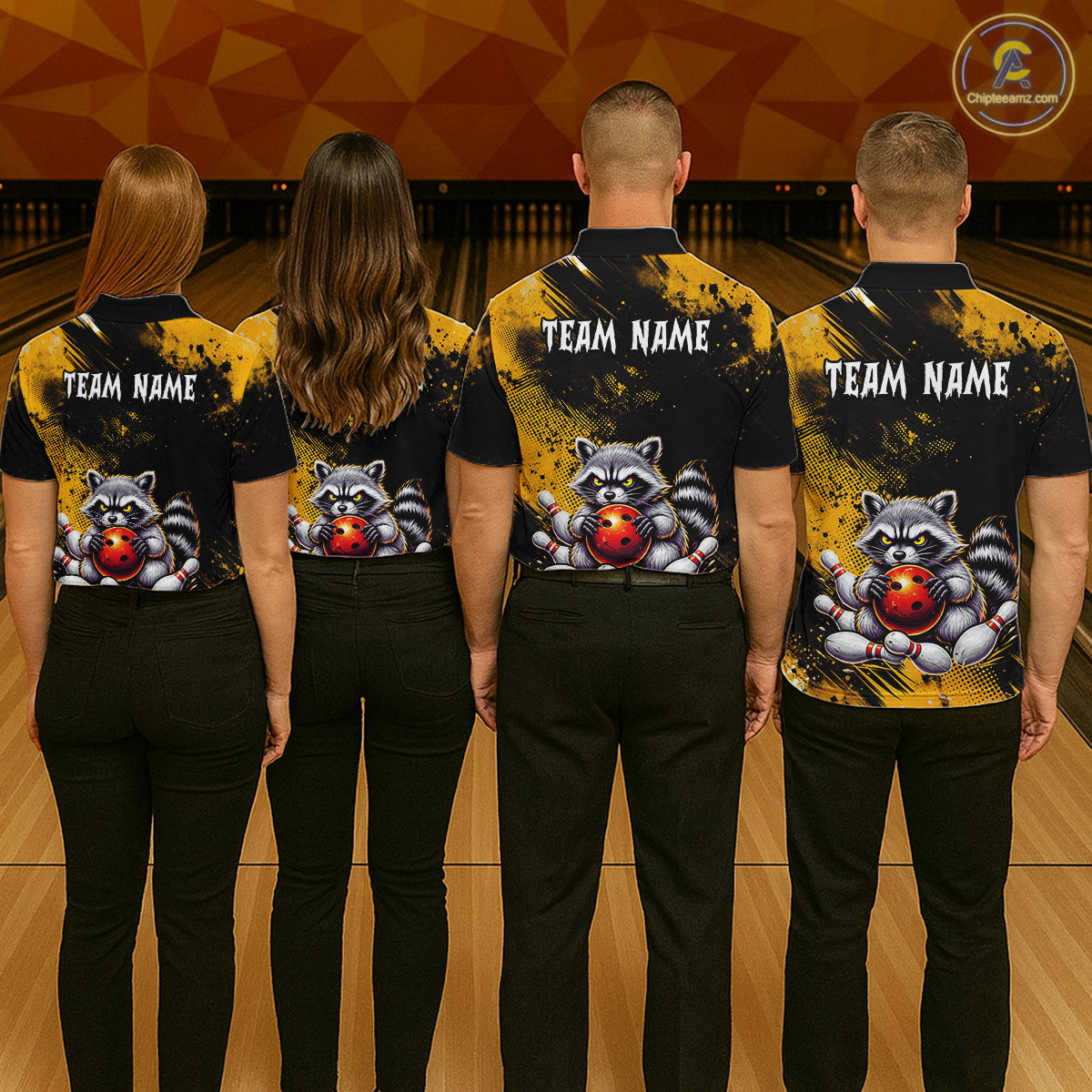 Yellow Funny Raccoon Custom Bowling Jersey for Women Bowling Team Shirts Bowling League Polo & 1/4 Zip HNT489