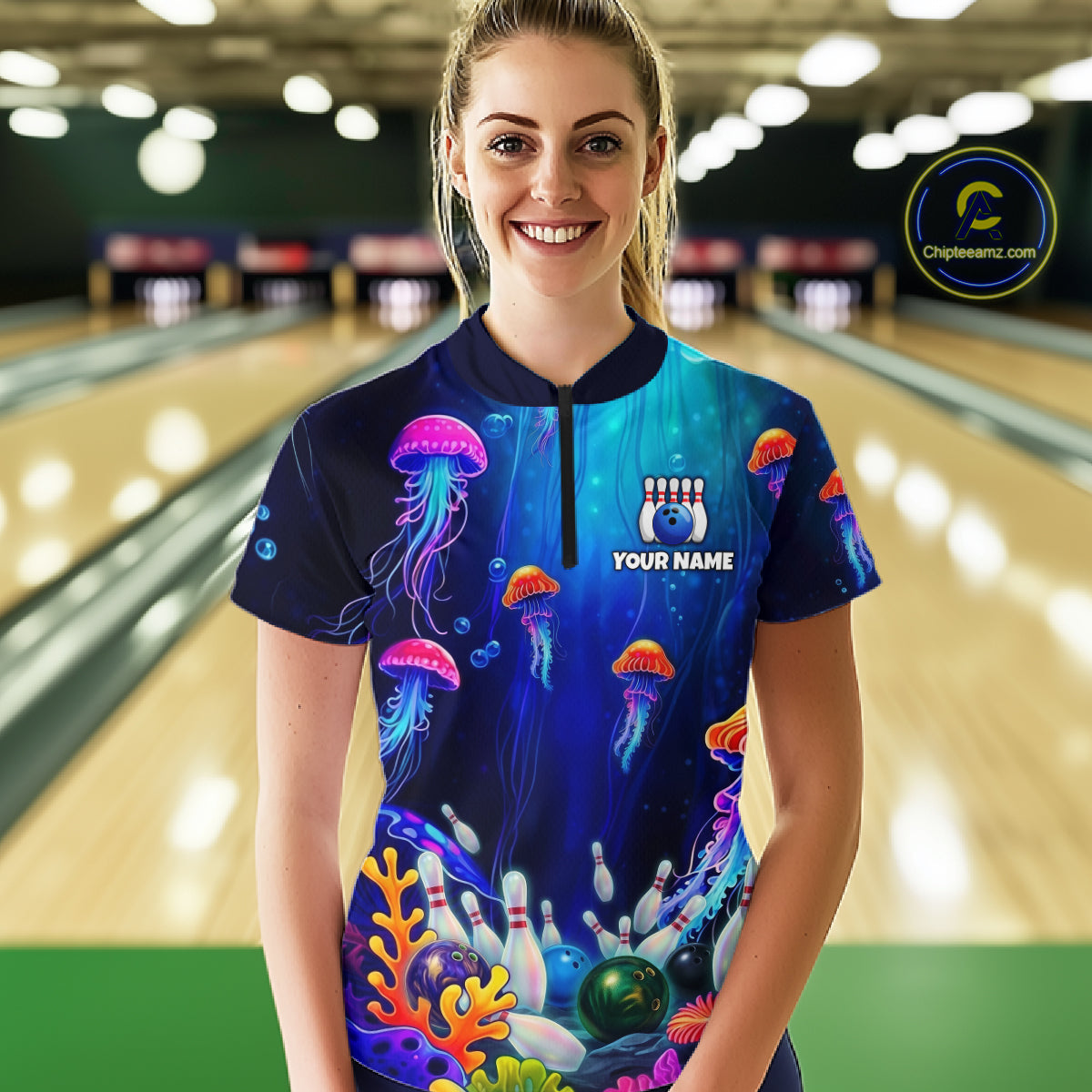 Custom Jellyfish Bowling Jersey for Women Ocean Theme Bowling Team Shirt Bowling League HNT272