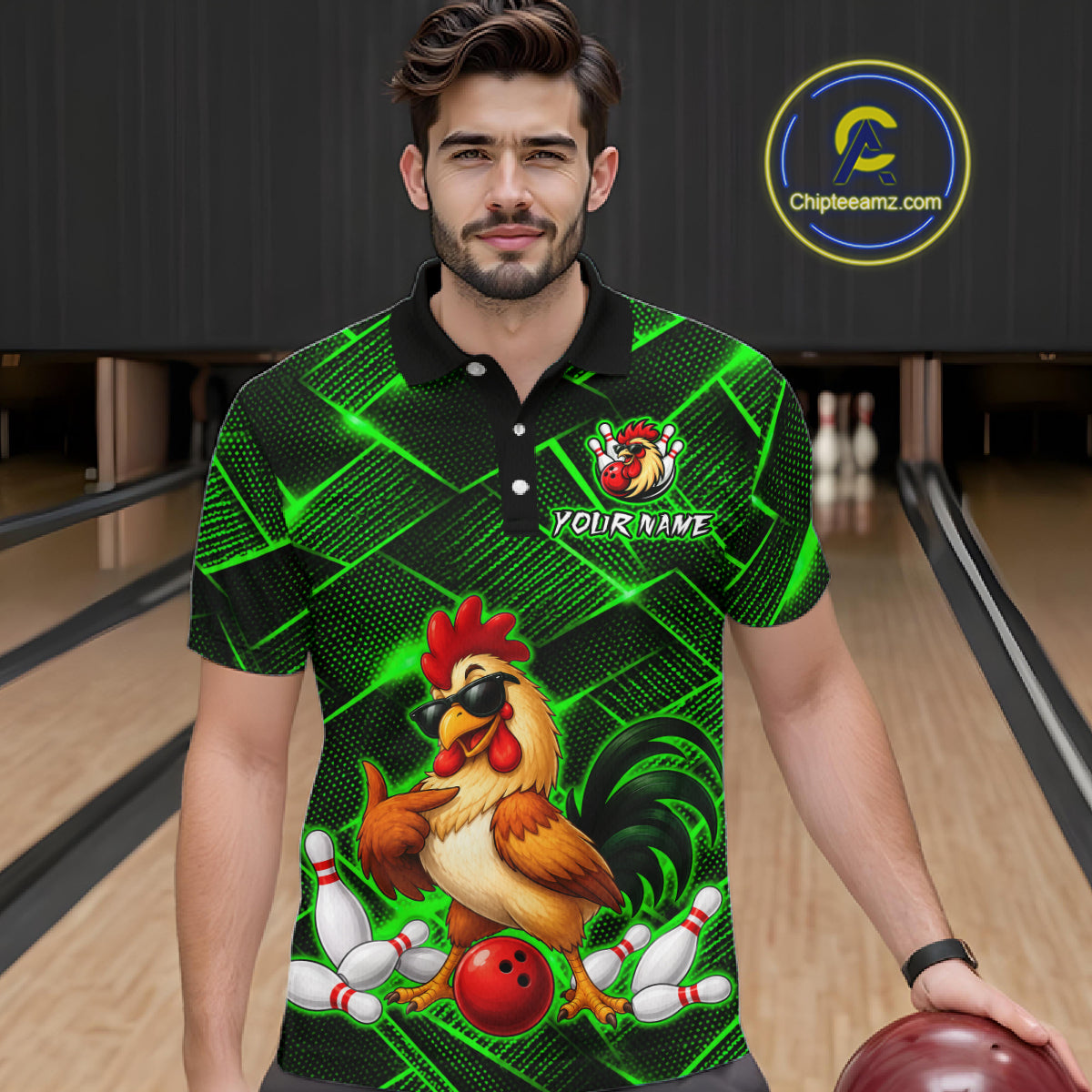 Man wearing a green and black bowling polo shirt featuring a cool rooster mascot wearing sunglasses, a red bowling ball, bowling pins, and custom your name text.