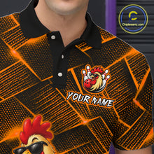 Load image into Gallery viewer, Black and orange polo shirt with rooster design and customizable text, brand 'Chipleemanz' visible.