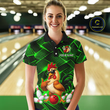 Load image into Gallery viewer, Woman wearing a green and black bowling polo shirt featuring a cool rooster mascot wearing sunglasses, a red bowling ball, bowling pins, and custom your name text.