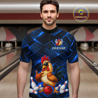 Man wearing a blue and black bowling quarter zip shirt featuring a cool rooster mascot wearing sunglasses, a red bowling ball, bowling pins, and custom your name text.