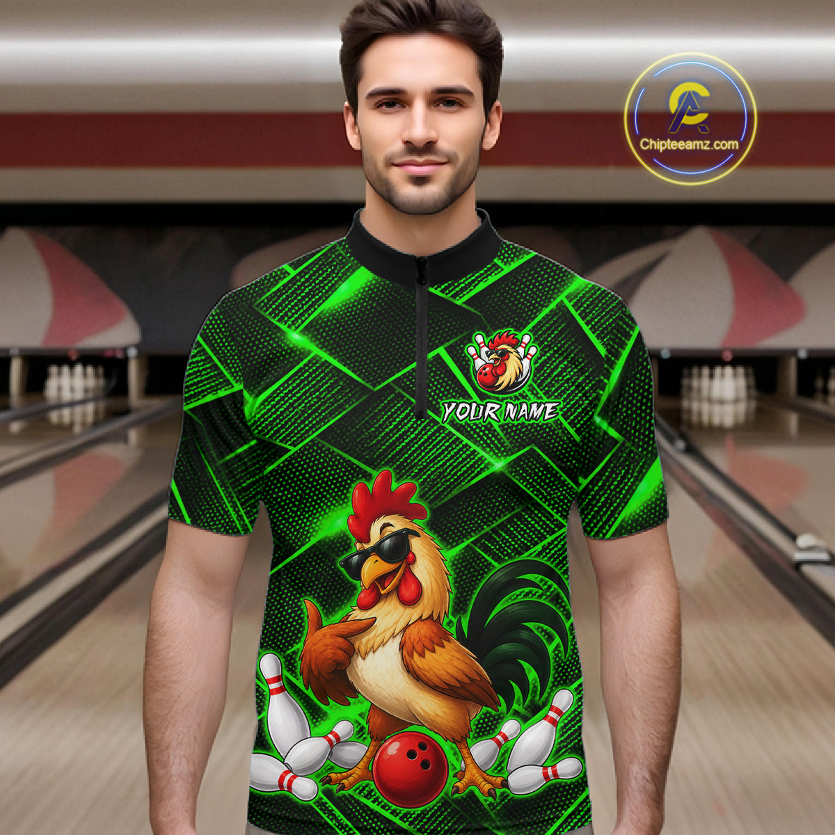 Man wearing a green and black bowling  quarter zip shirt featuring a cool rooster mascot wearing sunglasses, a red bowling ball, bowling pins, and custom your name text.