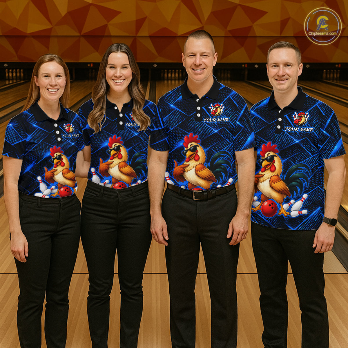 Four people wearing blue and black bowling polo shirt featuring a cool rooster mascot wearing sunglasses, a red bowling ball, bowling pins, and custom your name text.