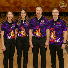 Load image into Gallery viewer, Four people wearing purple and black bowling polo shirt featuring a cool rooster mascot wearing sunglasses, a red bowling ball, bowling pins, and custom your name text