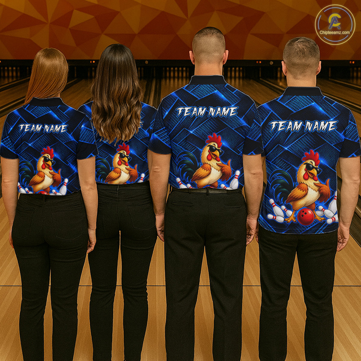 Four people wearing blue and black bowling polo shirt featuring a cool rooster mascot wearing sunglasses, a red bowling ball, bowling pins, and custom team name text.