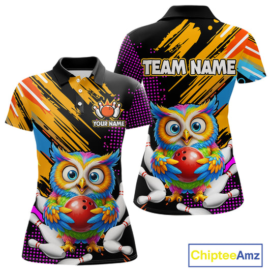 Custom Funny Colorful Owl Bowling Jersey for Women Bowling Uniform Polo & 1/4 Zip Bowling Team Shirts HNT237