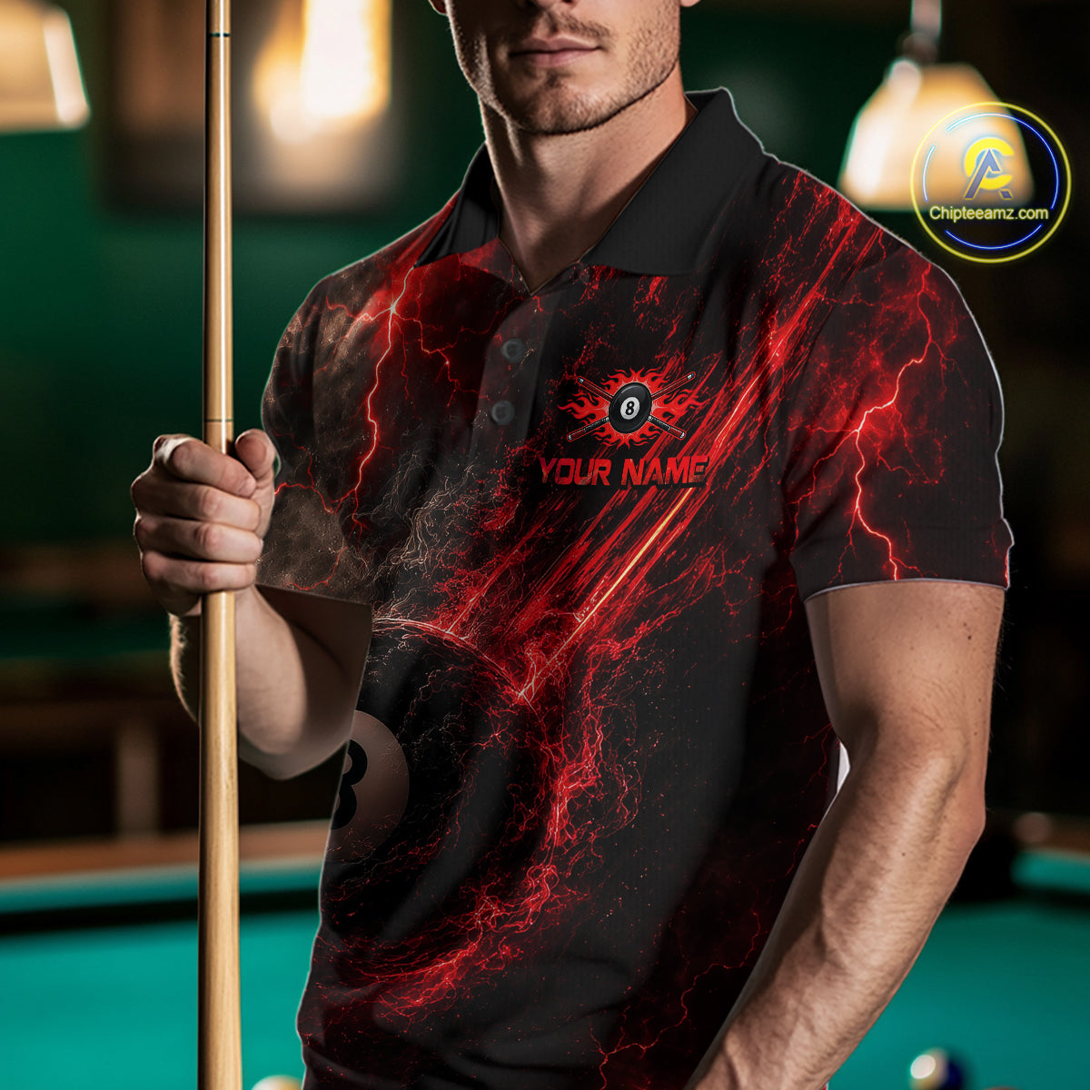 Custom Flaming Red Lightning 8 Ball Billiard Shirt for Men Billiard Team Jersey Billiard League NNT194