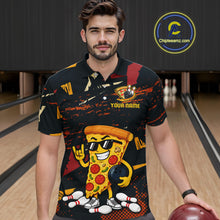 Load image into Gallery viewer, Man wearing a black bowling polo featuring orange grunge graphics, a sunglasses-wearing pizza slice mascot, bowling pins, and custom your name text.