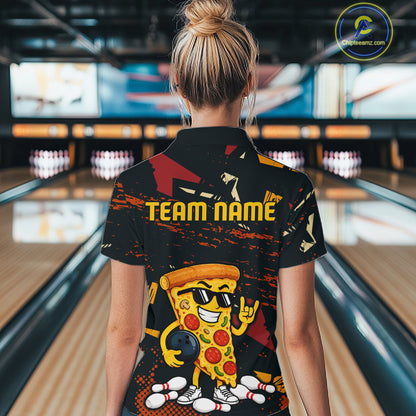 Woman wearing a black bowling quarter zip featuring orange grunge graphics, a sunglasses-wearing pizza slice mascot, bowling pins, and custom team name text.