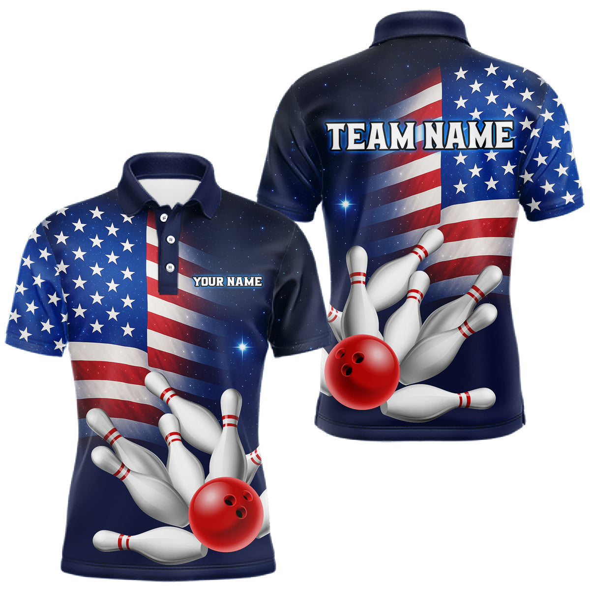 Custom US Flag Galaxy Bowling Jersey for Men Bowling Team Shirts Bowling Polo & 1/4 Zip HNT169