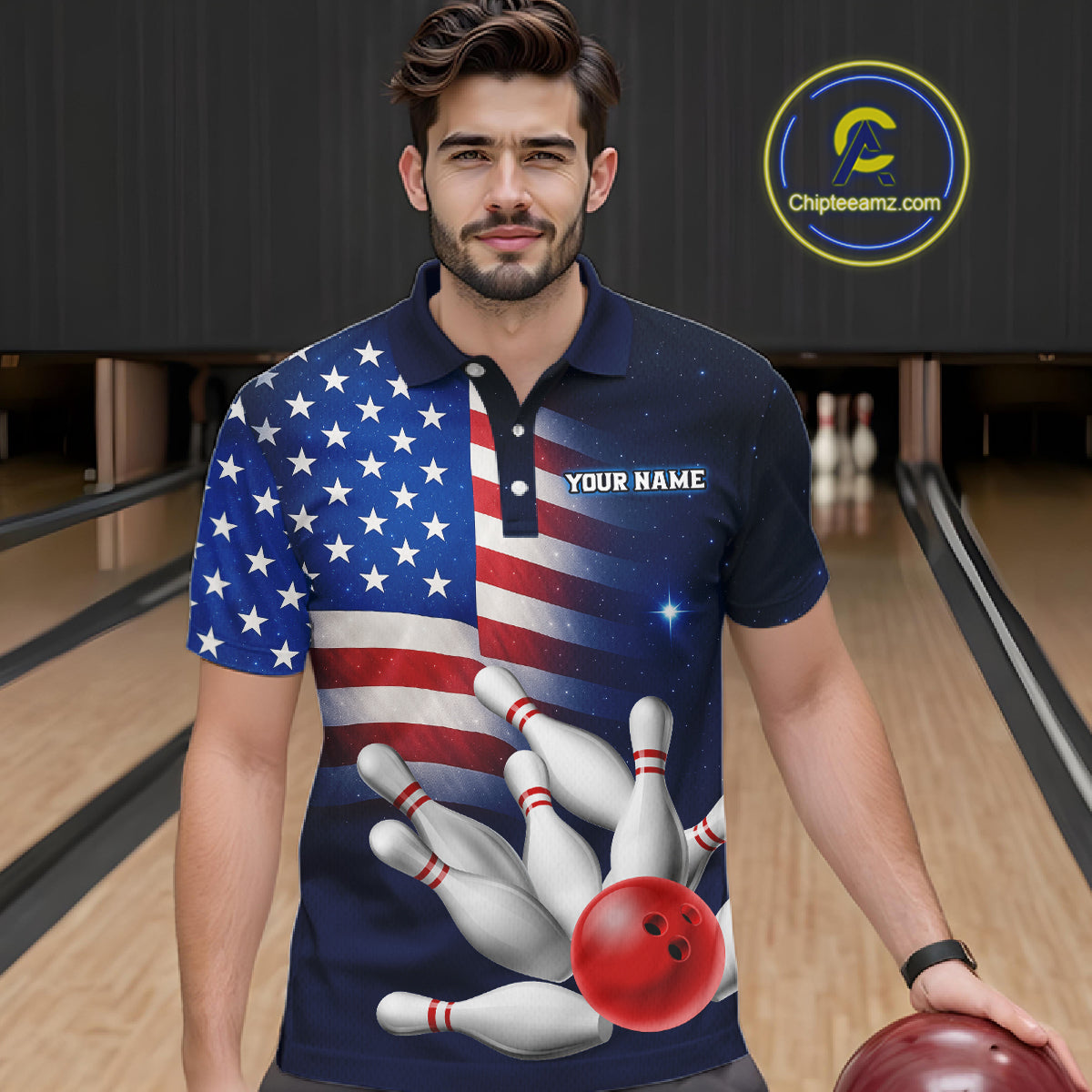 Custom US Flag Galaxy Bowling Jersey for Men Bowling Team Shirts Bowling Polo & 1/4 Zip HNT169