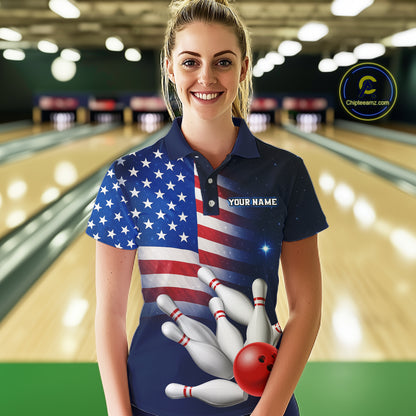 Custom US Flag Galaxy Bowling Jersey for Women Bowling Team Shirts Bowling Polo & 1/4 Zip HNT169
