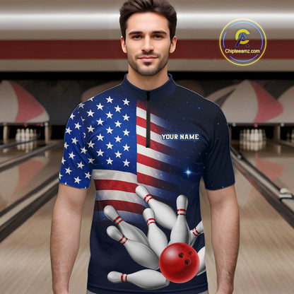 Custom US Flag Galaxy Bowling Jersey for Men Bowling Team Shirts Bowling Polo & 1/4 Zip HNT169
